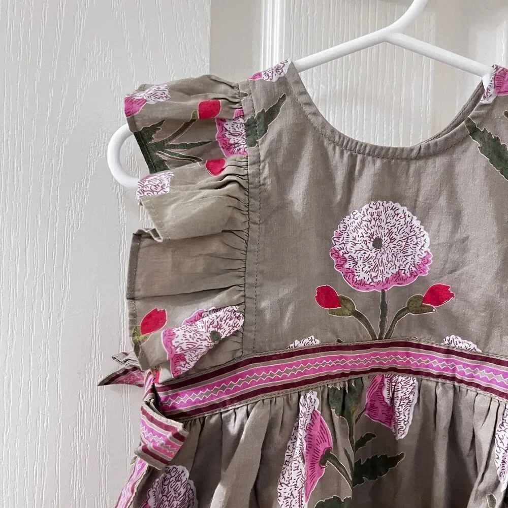 Pink Chicken Olive Green Floral Romper Side Bows Cotton Girls Size 6-12 Months